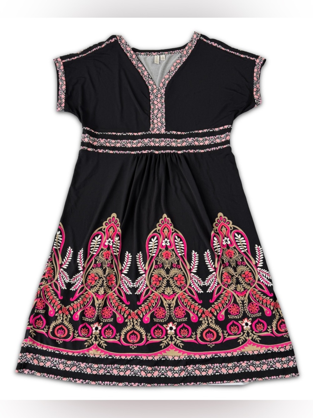 Madison Dress Womens L Large Black Pink Floral Knee Length V Neck Fit Flare